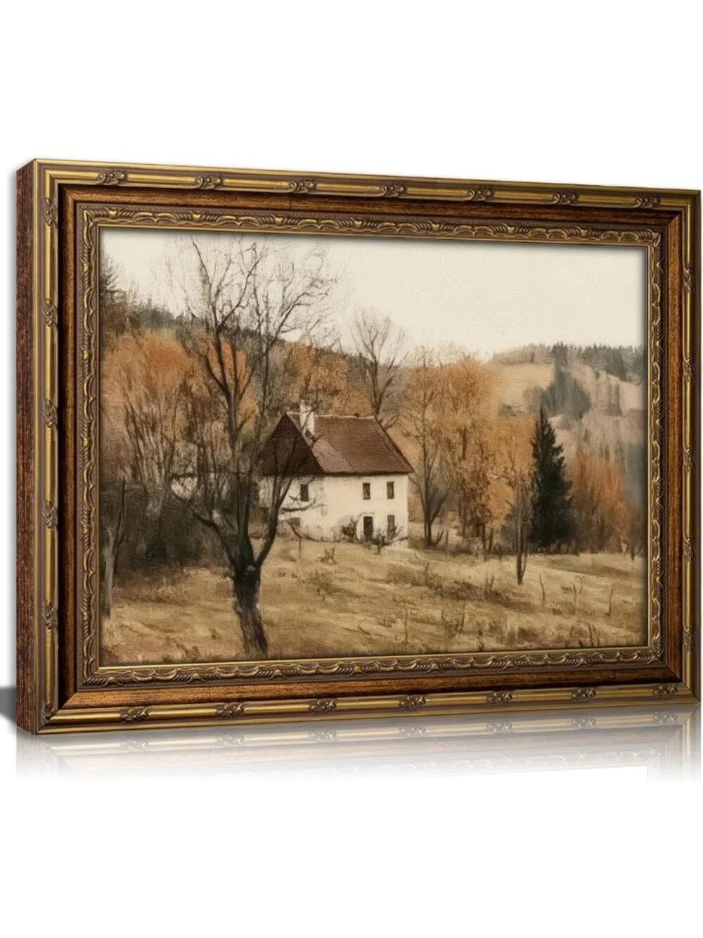 Rustic Vintage Gold Framed Autumn Wall Art - Farmhouse Landscape Canvas Print
